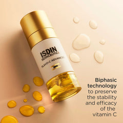 ISDIN Flavo-C Advanced serum bottle showing biphasic technology that preserves vitamin C stability