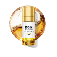 ISDIN Isdinceutics Flavo-C Advanced vitamin C serum bottle with golden oil droplet background