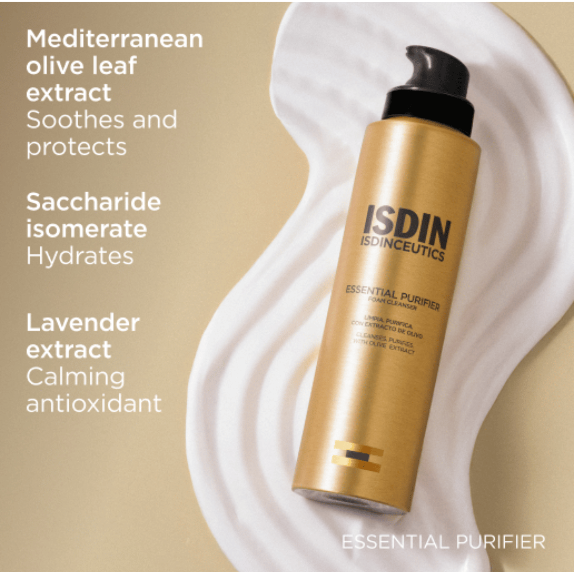 ISDIN Essential Purifier bottle with product benefits on a beige background