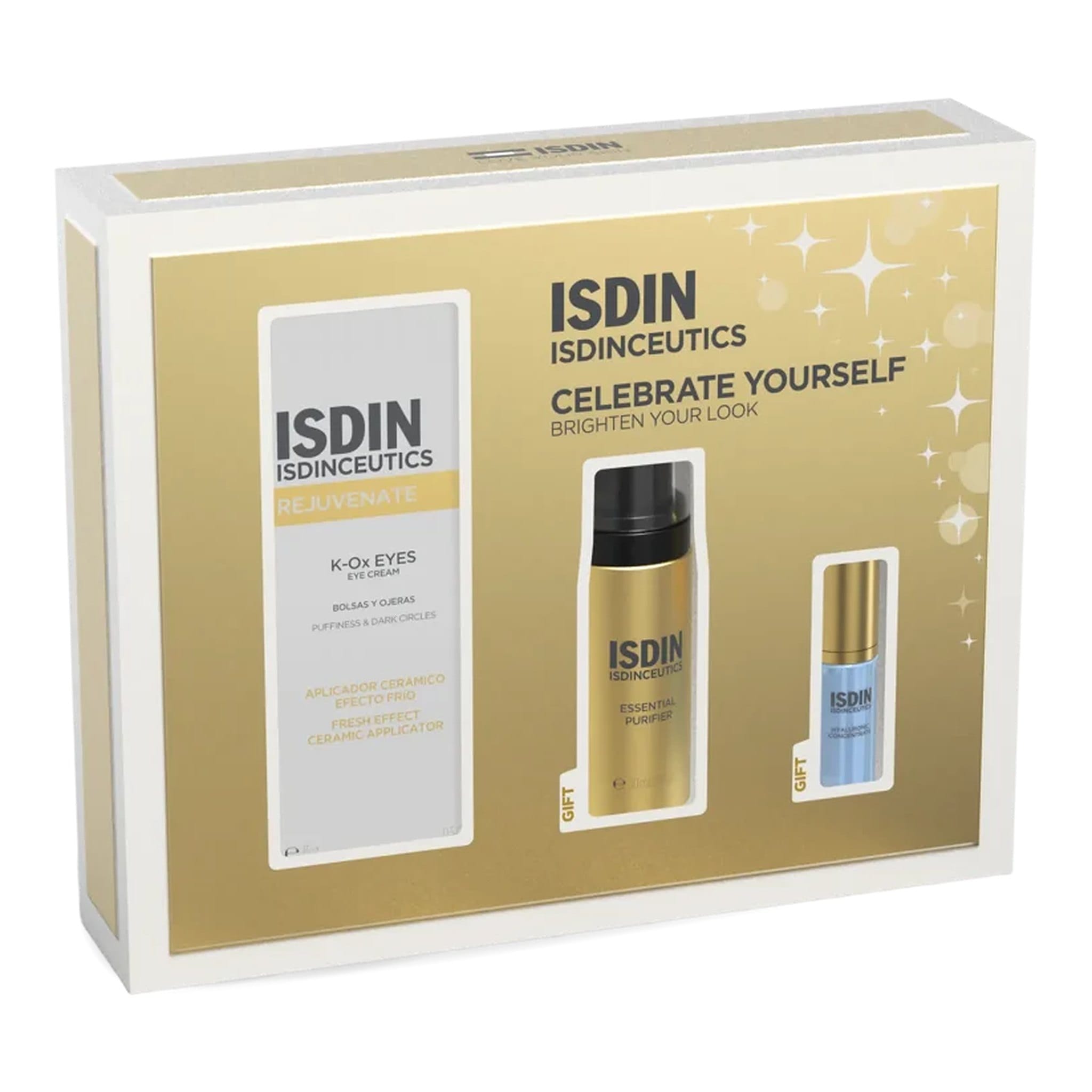 ISDIN Isdinceutics Brighten Your Look holiday gift set box with K-Ox Eyes cream plus Essential Purifier and serum gifts