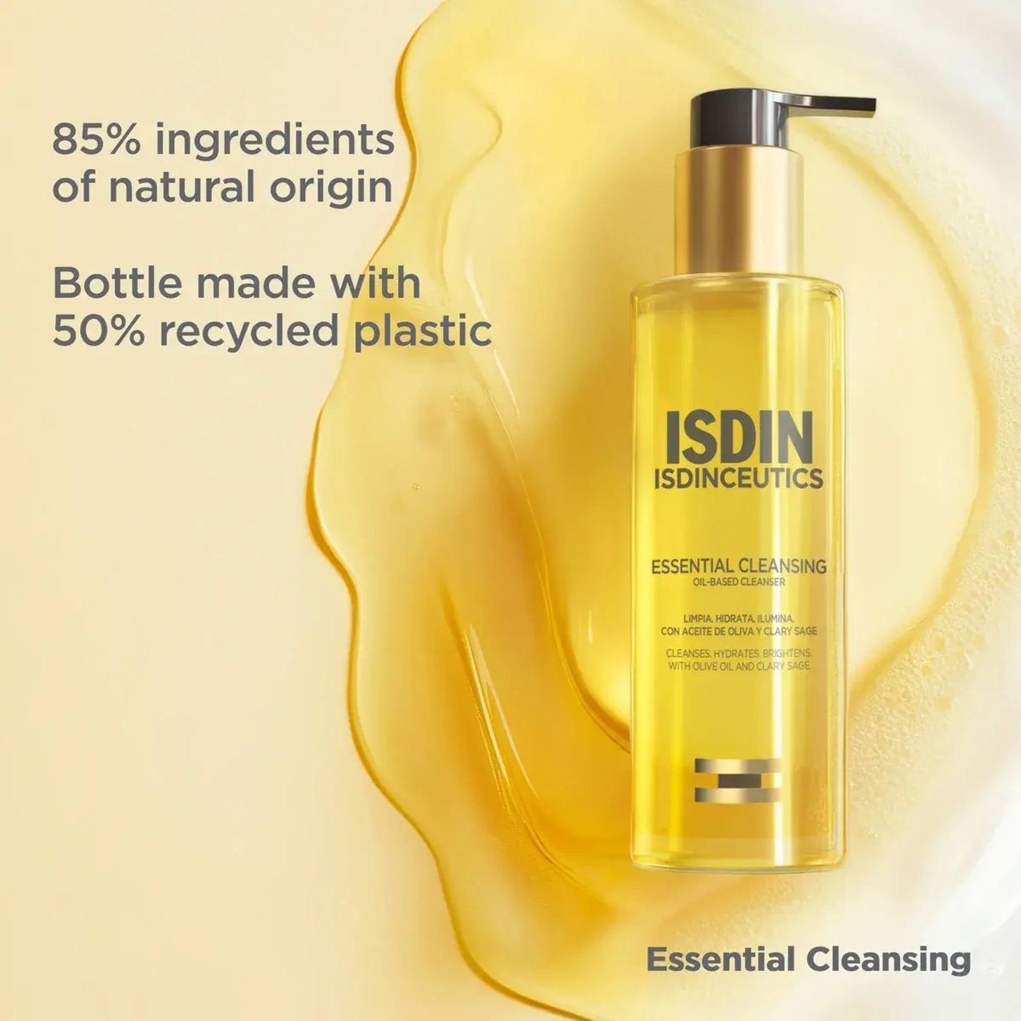 ISDIN Isdinceutics Essential Cleansing bottle with 85% natural origin ingredients and 50% recycled plastic packaging