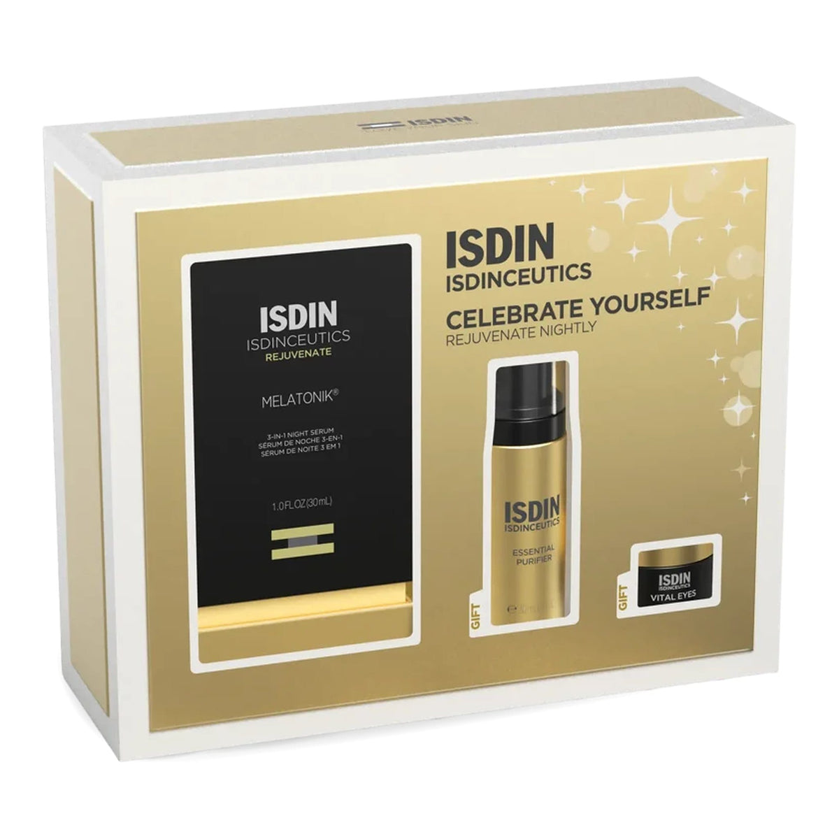 ISDIN Isdinceutics Rejuvenate Nightly holiday gift set box with Melatonik serum plus Essential Purifier and Vital Eyes gifts