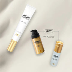 ISDIN K-Ox Eyes eye cream tube with Essential Purifier and Hyaluronic Concentrate mini icons on a cream backdrop