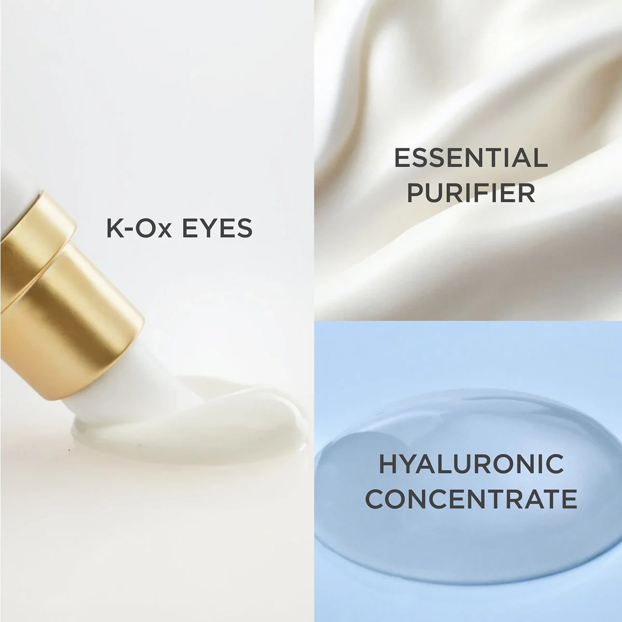 Texture swatches of ISDIN K-Ox Eyes cream and Essential Purifier foam cleanser and Hyaluronic Concentrate serum