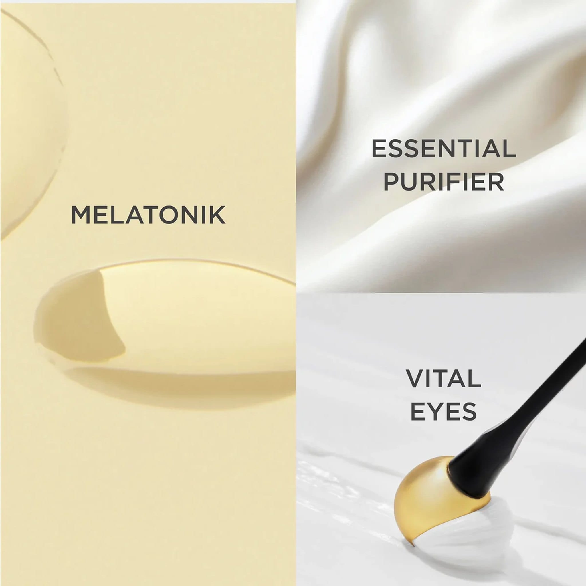 Texture swatches of ISDIN Melatonik serum-in-oil and Essential Purifier foam cleanser and Vital Eyes cream with applicator