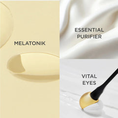 Texture swatches of ISDIN Melatonik serum-in-oil and Essential Purifier foam cleanser and Vital Eyes cream with applicator
