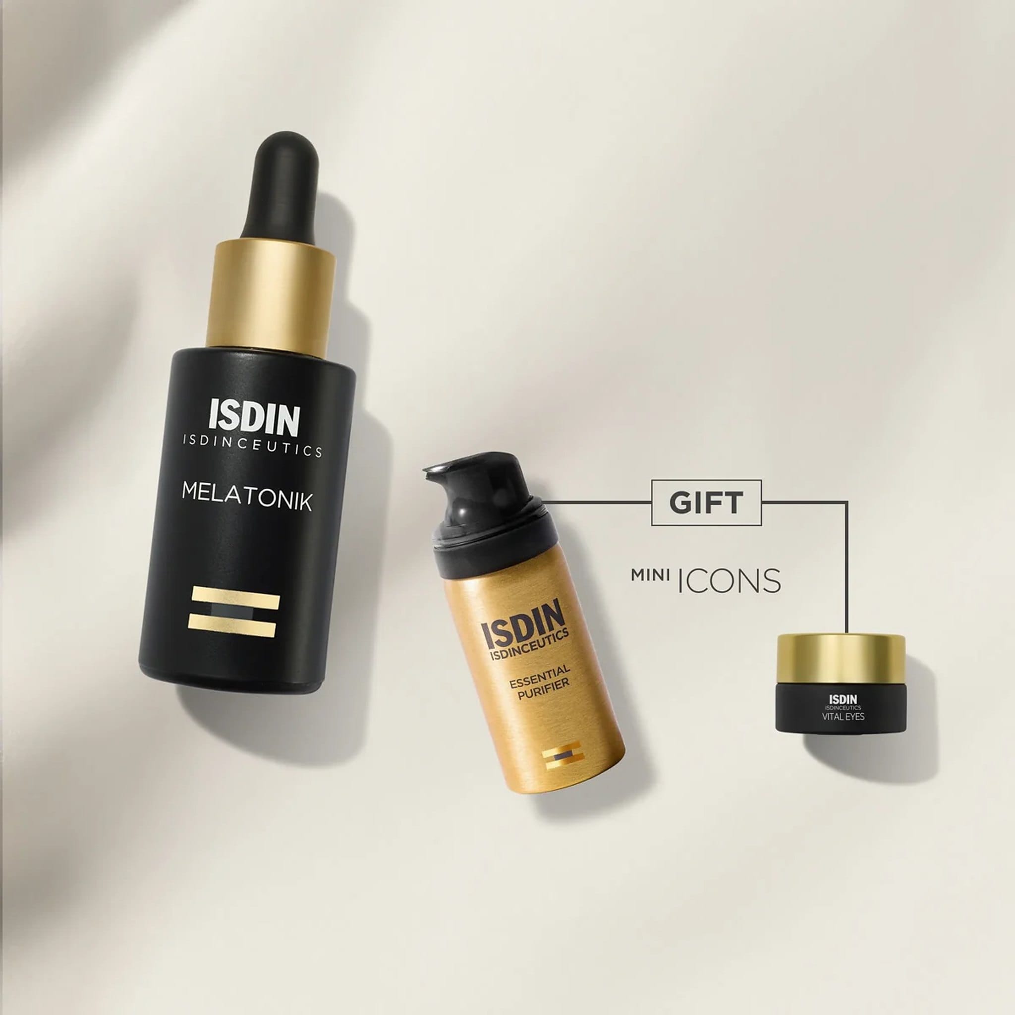 ISDIN Melatonik night serum dropper bottle with Essential Purifier and Vital Eyes mini icons on a cream backdrop