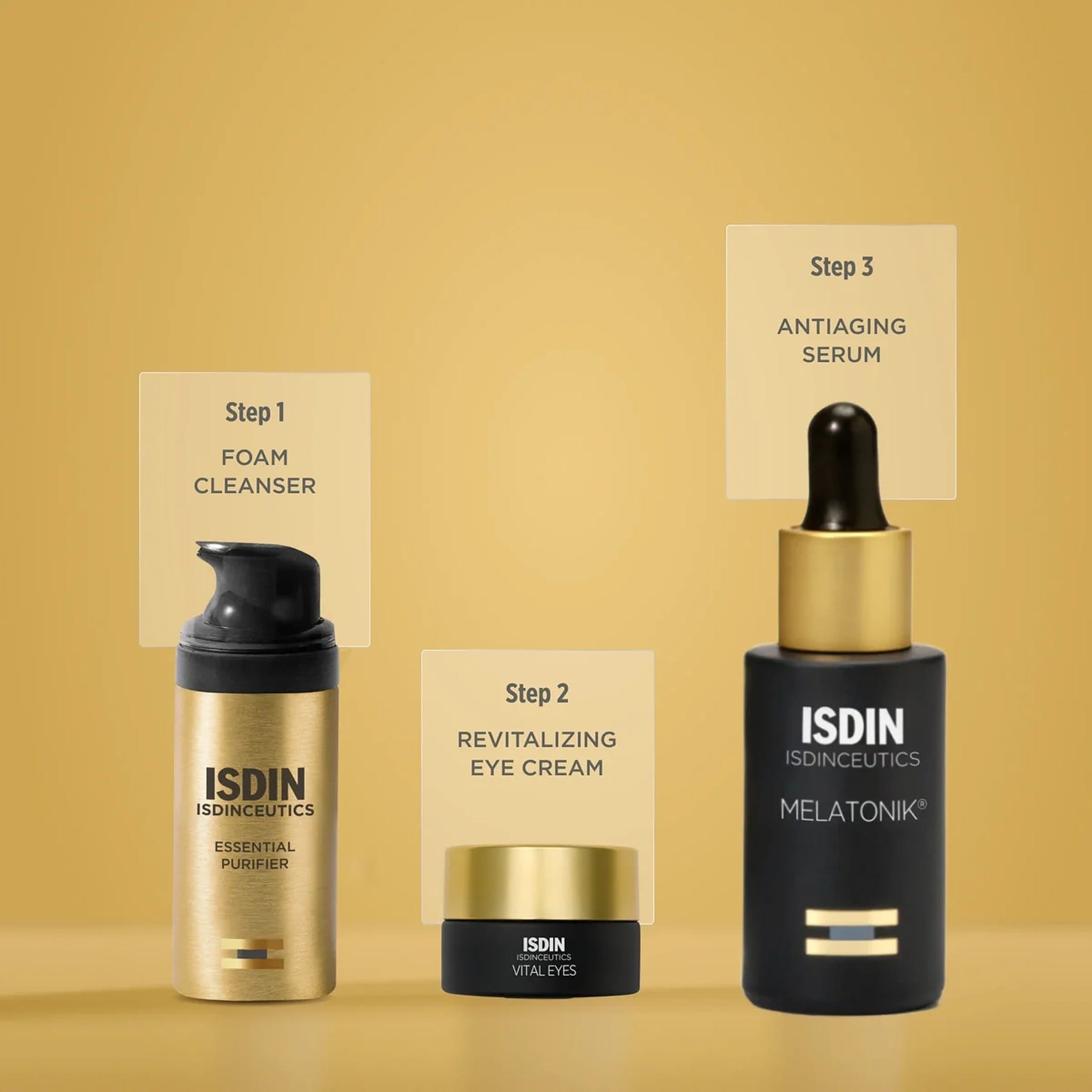 ISDIN 3-step night routine with Essential Purifier foam cleanser then Vital Eyes eye cream and Melatonik antiaging serum
