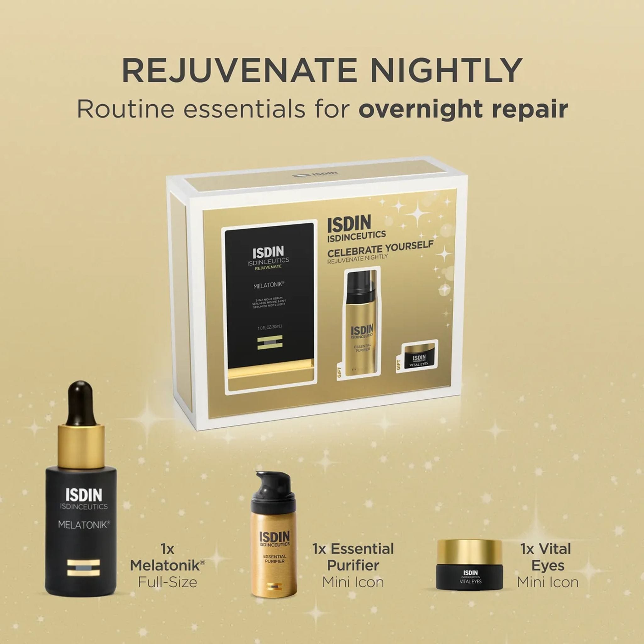 ISDIN Rejuvenate Nightly gift set contents with full-size Melatonik serum and Essential Purifier and Vital Eyes mini icons