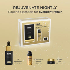 ISDIN Rejuvenate Nightly gift set contents with full-size Melatonik serum and Essential Purifier and Vital Eyes mini icons