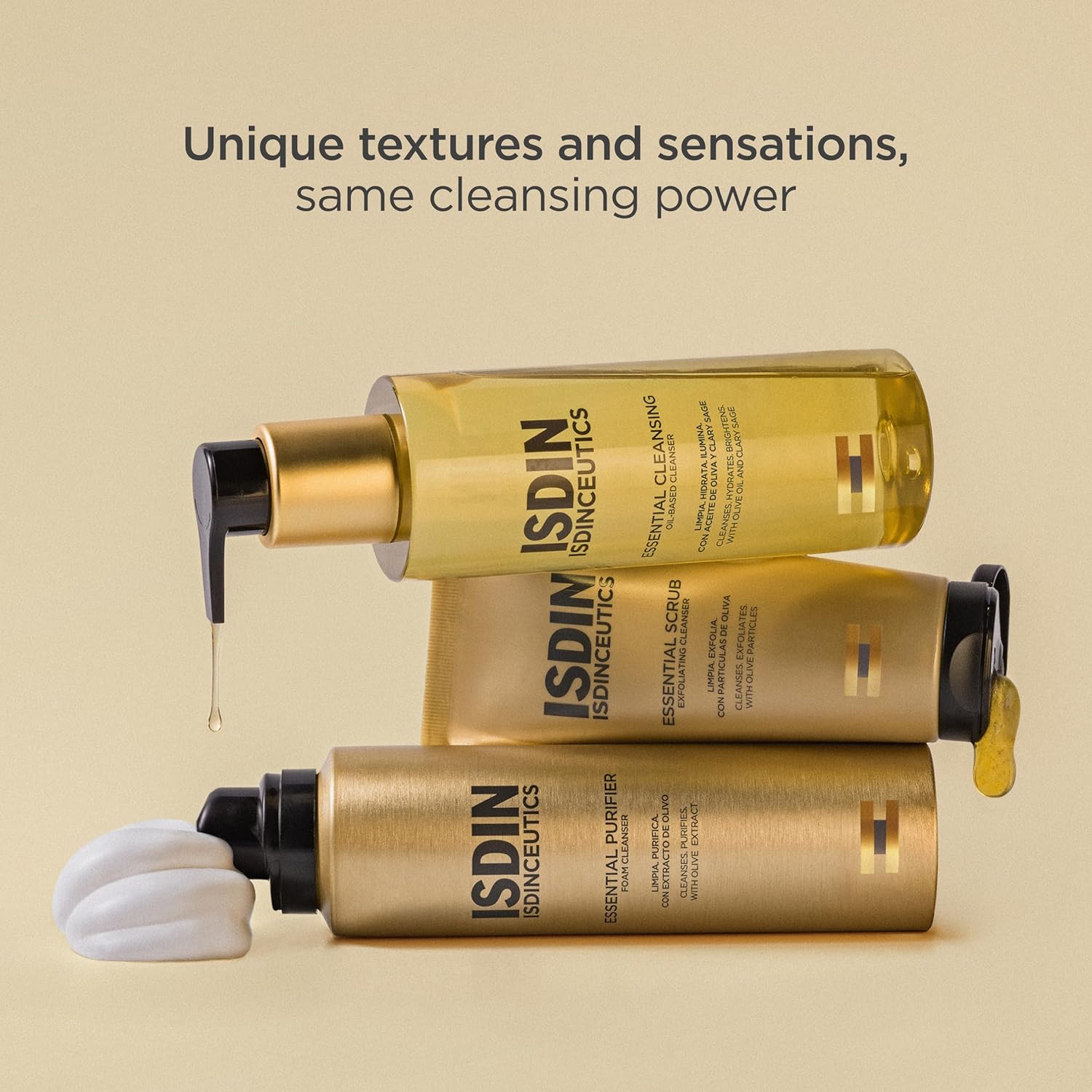 Three Isdin isdinceuticals cleansers on a beige background with text about unique textures and cleansing power.
