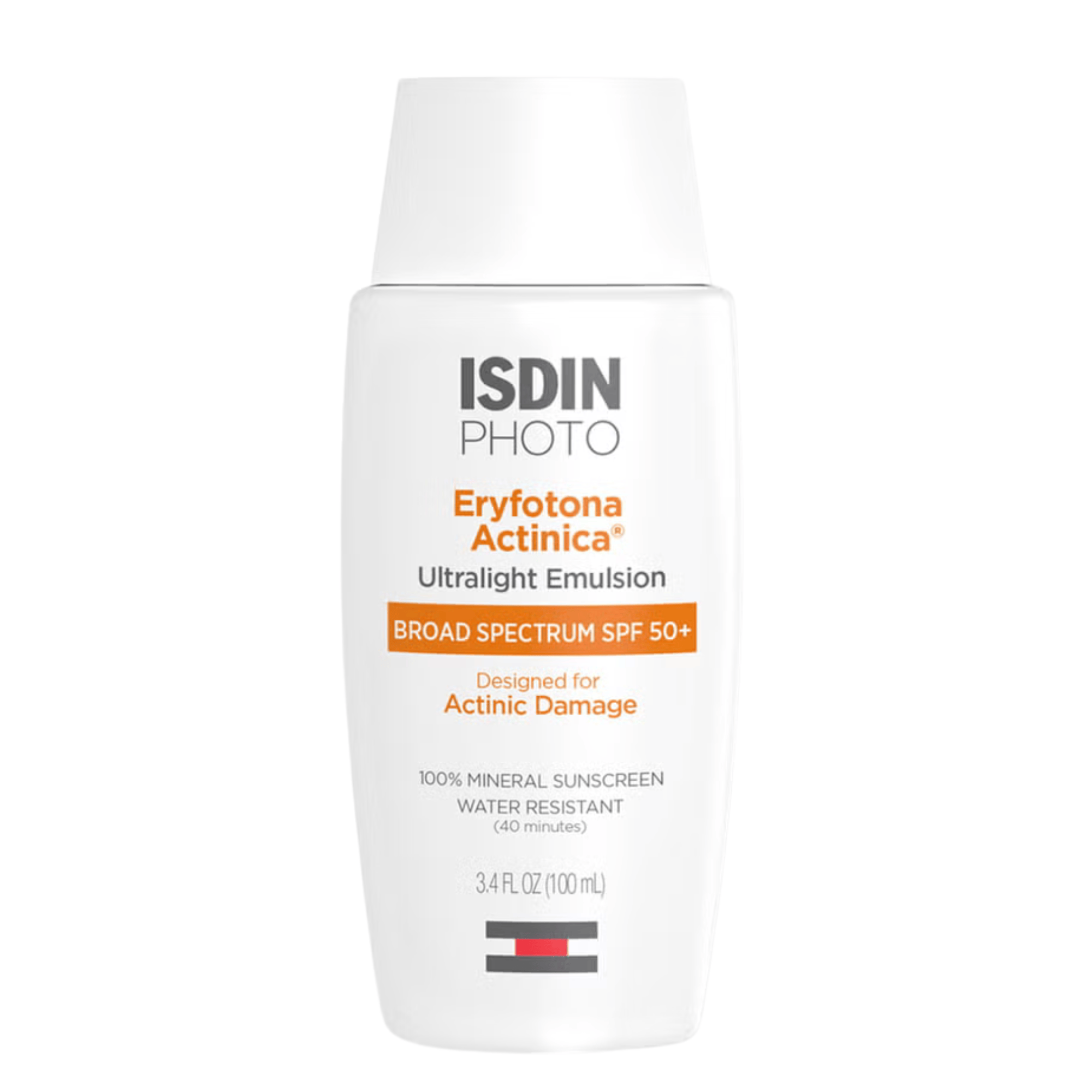 ISDIN PHOTO Eryfotona Actinica Ultralight Emulsion Broad Spectrum SPF 50+ 1.7 oz. sunscreen in a white bottle with orange and black text, on a white background.