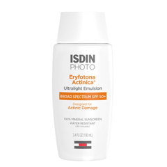 ISDIN PHOTO Eryfotona Actinica Ultralight Emulsion Broad Spectrum SPF 50+ 1.7 oz. sunscreen in a white bottle with orange and black text, on a white background.