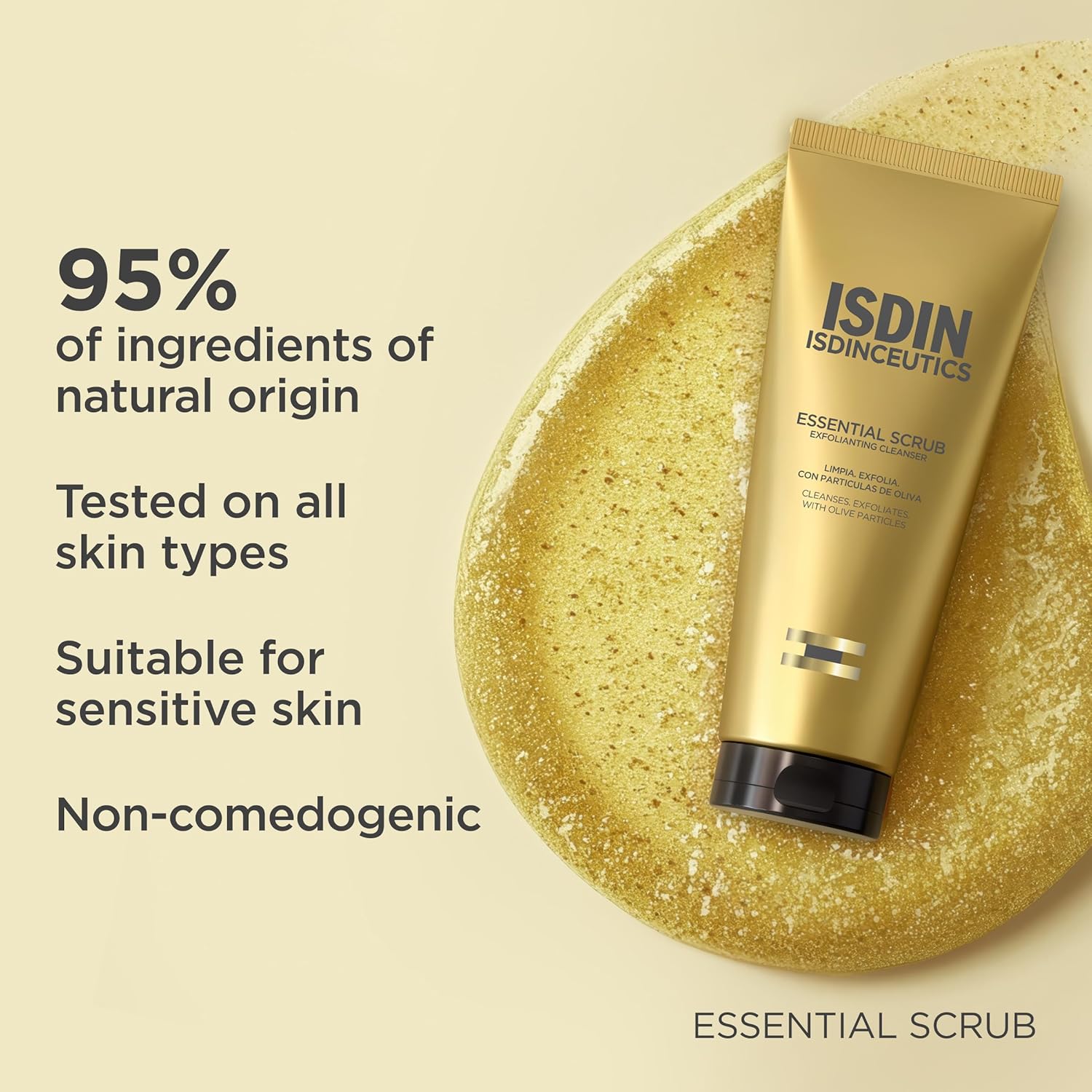 ISDIN ISDINCEUTICS Essential Scrub on a beige background with product details.