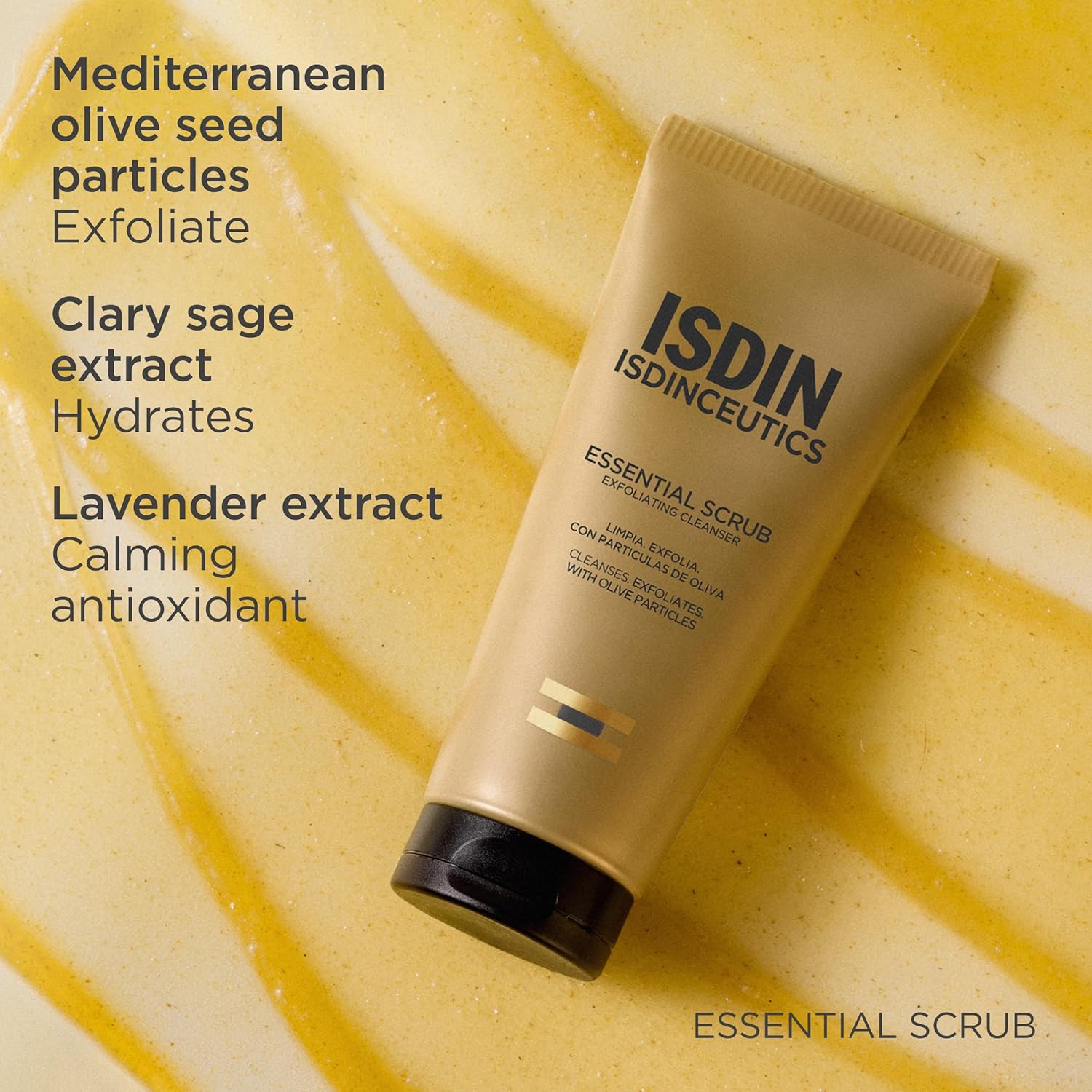 ISDIN skincare scrub tube with ingredients listed on a yellow background