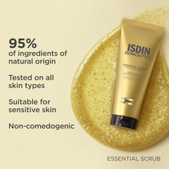 ISDIN ISDINCEUTICS Essential Scrub on a beige background with product details.