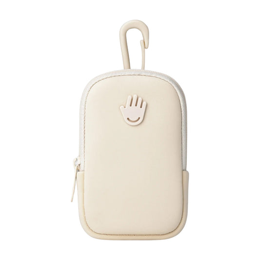 Touchland Touchette Pouch in ivory neoprene with smiling hand logo zipper and clip-on hook for hand sanitizer 1