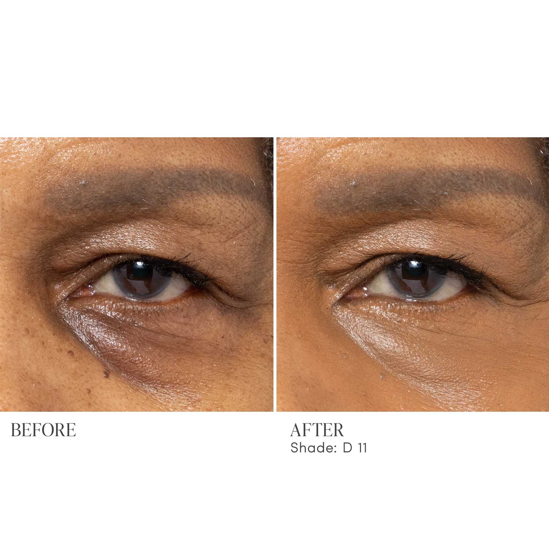 Before and after applying Jane Iredale Skintuition Concealer D11 - dark with gold undertones to brighten under eyes 4