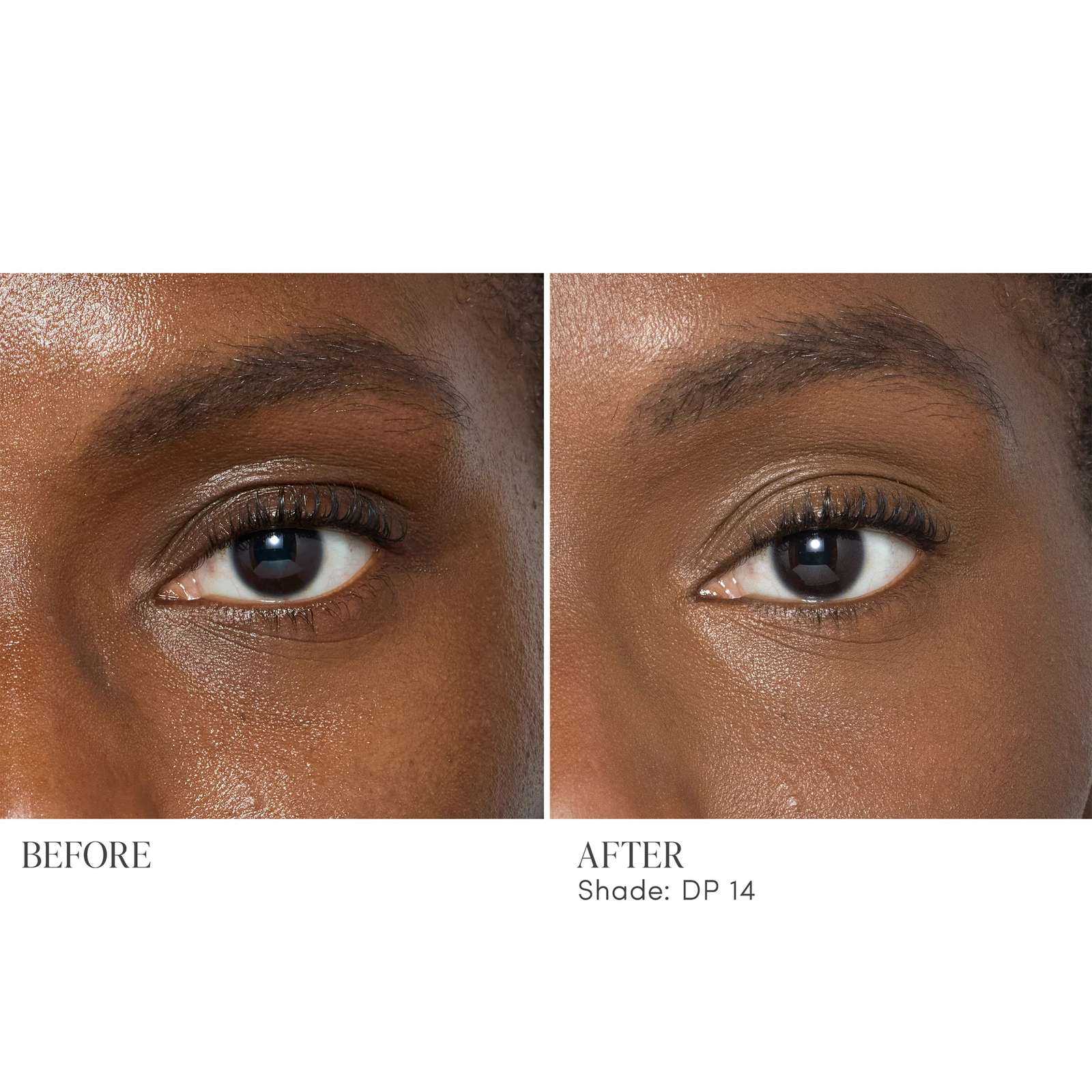 Before and after applying Jane Iredale Skintuition Concealer DP14 deep with peach undertones to brighten under eyes 4