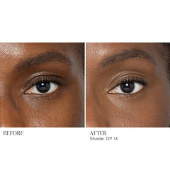 Before and after applying Jane Iredale Skintuition Concealer DP14 deep with peach undertones to brighten under eyes 4