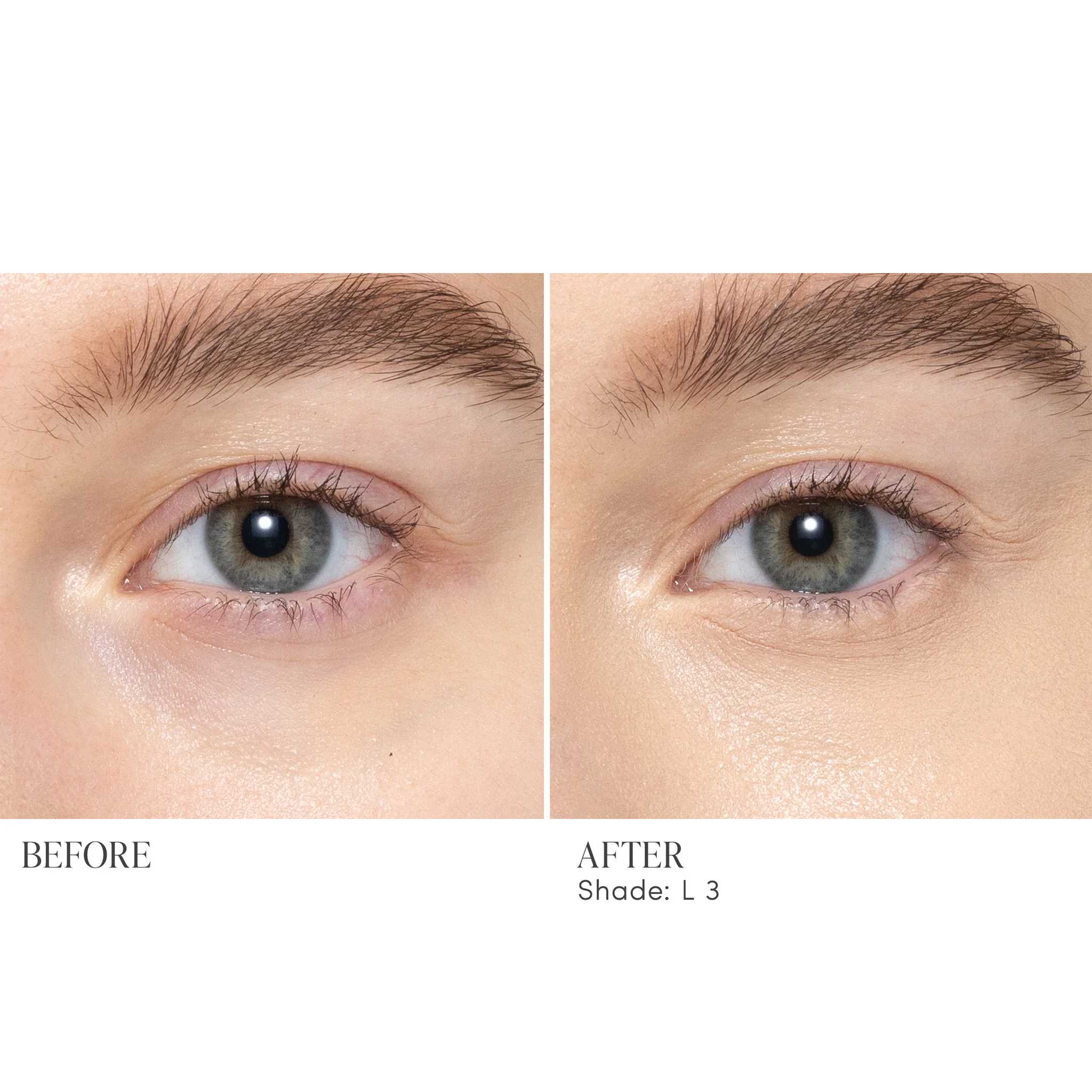 Before and after applying Jane Iredale Skintuition Concealer L3 - light with neutral undertones to brighten under eyes 4