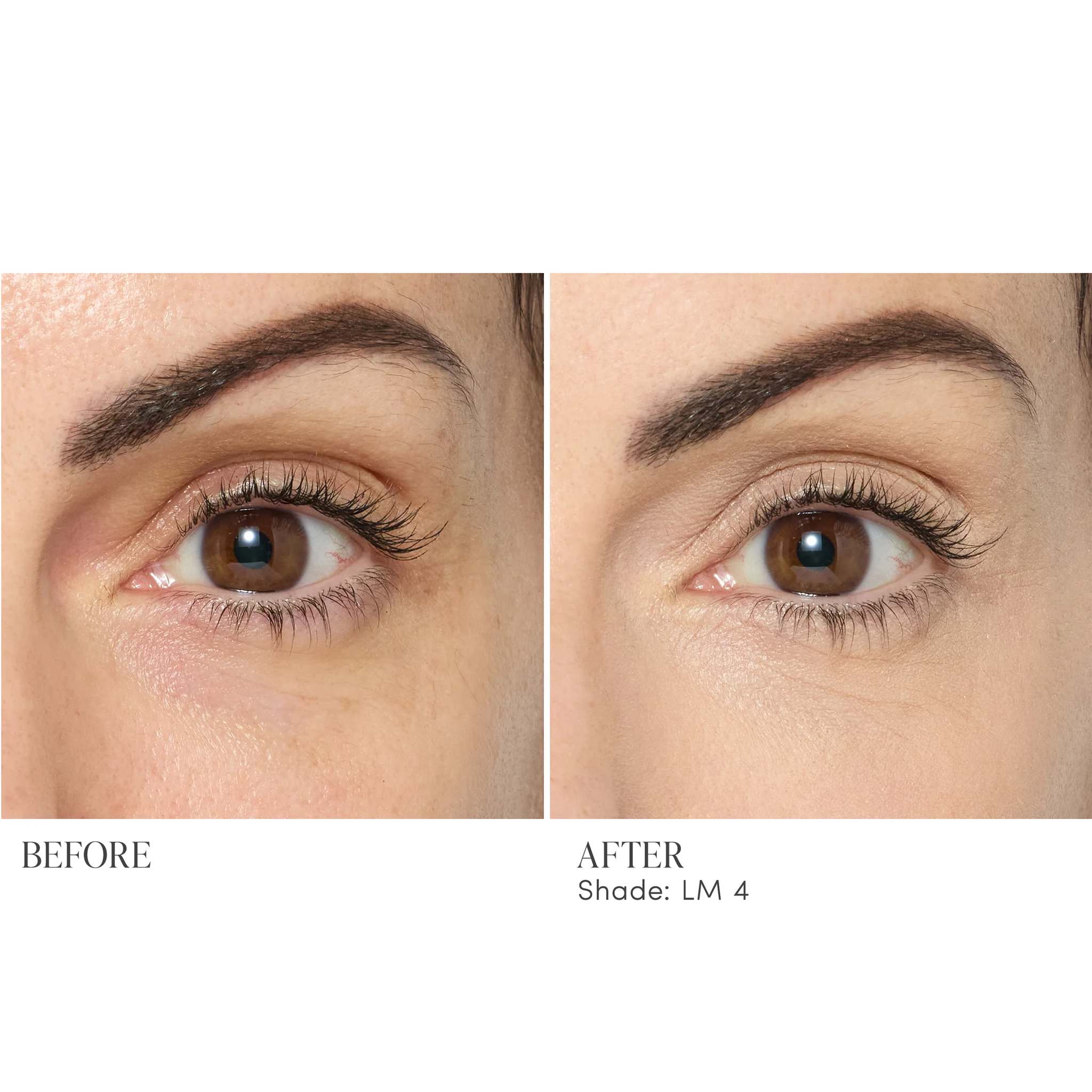 Before and after applying Jane Iredale Skintuition Concealer LM4 - light medium with neutral undertones to brighten under eyes 4