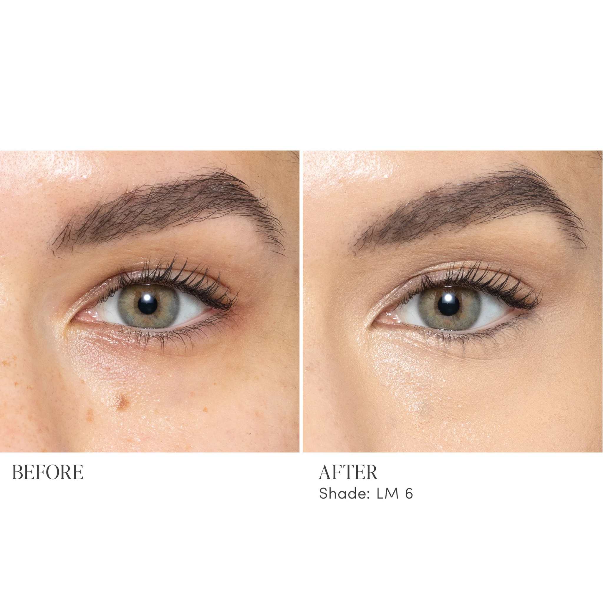 Before and after applying Jane Iredale Skintuition Concealer LM6 light medium with gold undertones to brighten under eyes 4