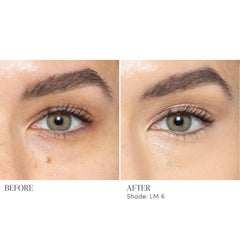 Before and after applying Jane Iredale Skintuition Concealer LM6 light medium with gold undertones to brighten under eyes 4