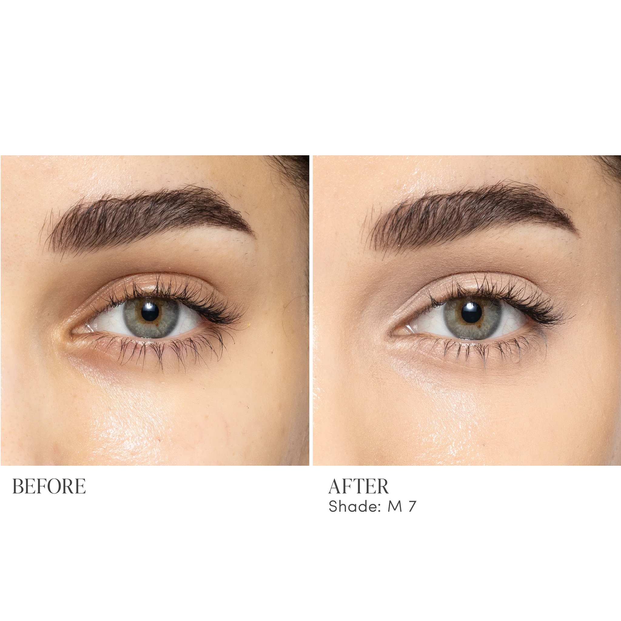 Before and after applying Jane Iredale Skintuition Concealer M7 - medium with peach undertones to brighten under eyes 4