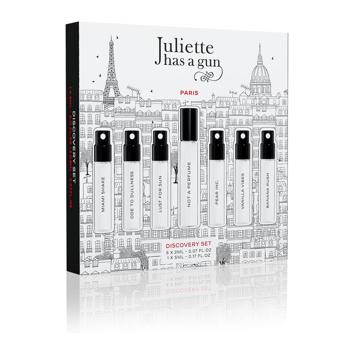 Juliette Has a Gun Discovery Set with seven perfume sample vials in Paris illustrated gift box