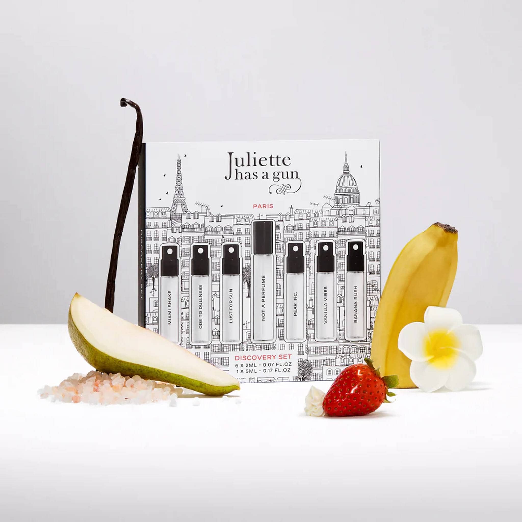 Juliette Has a Gun Discovery Set with vanilla pear banana strawberry and frangipani fragrance notes