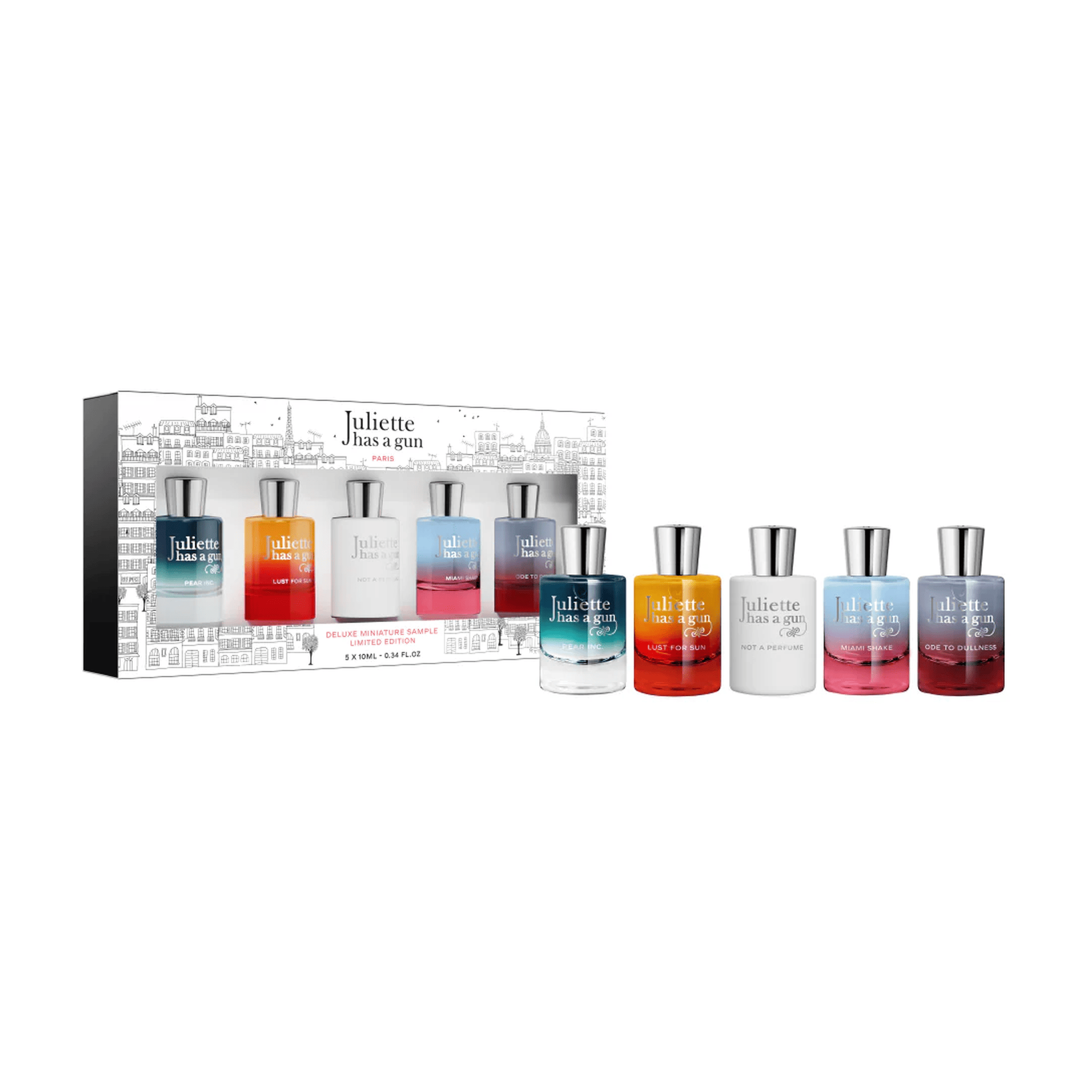 Juliette Has a Gun Paris miniature perfume set with five bottles displayed beside the box