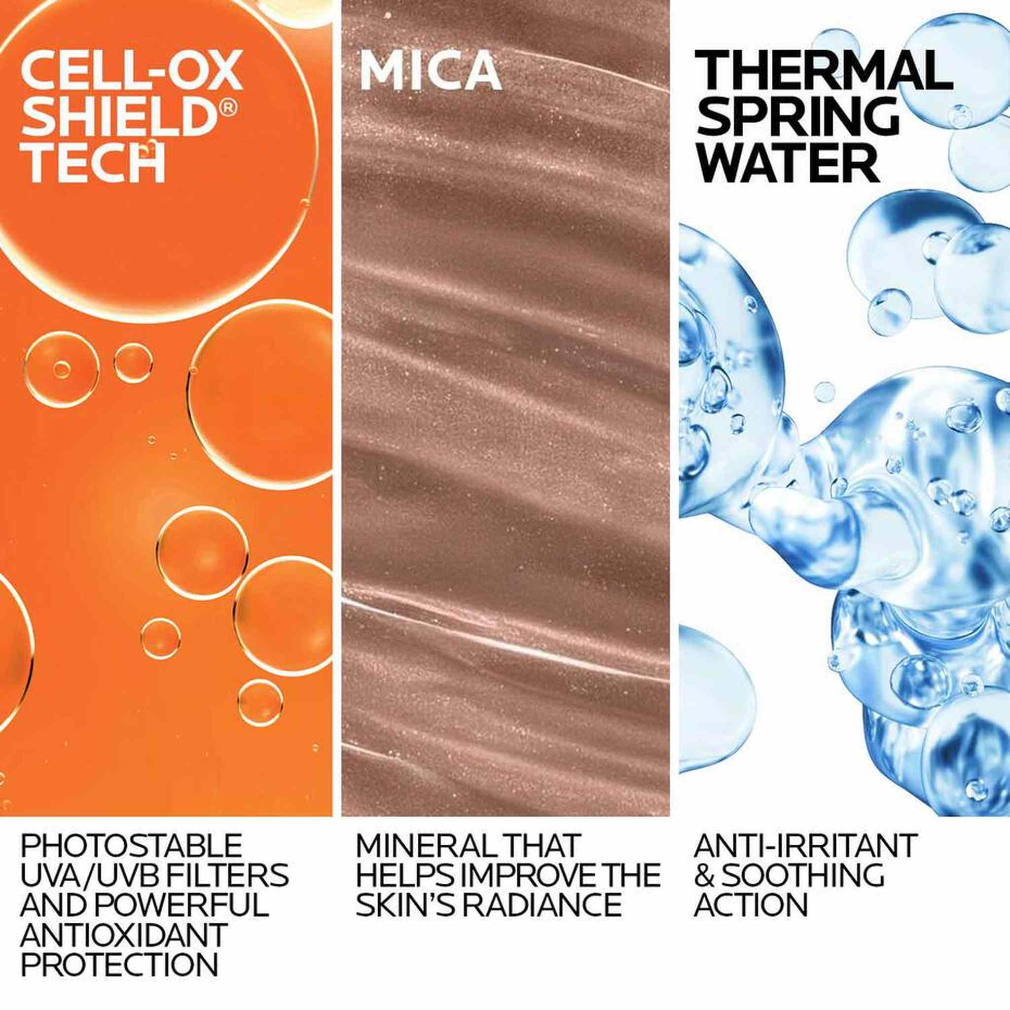 Anthelios Glow SPF 35 key ingredients cell ox shield mica and thermal spring water