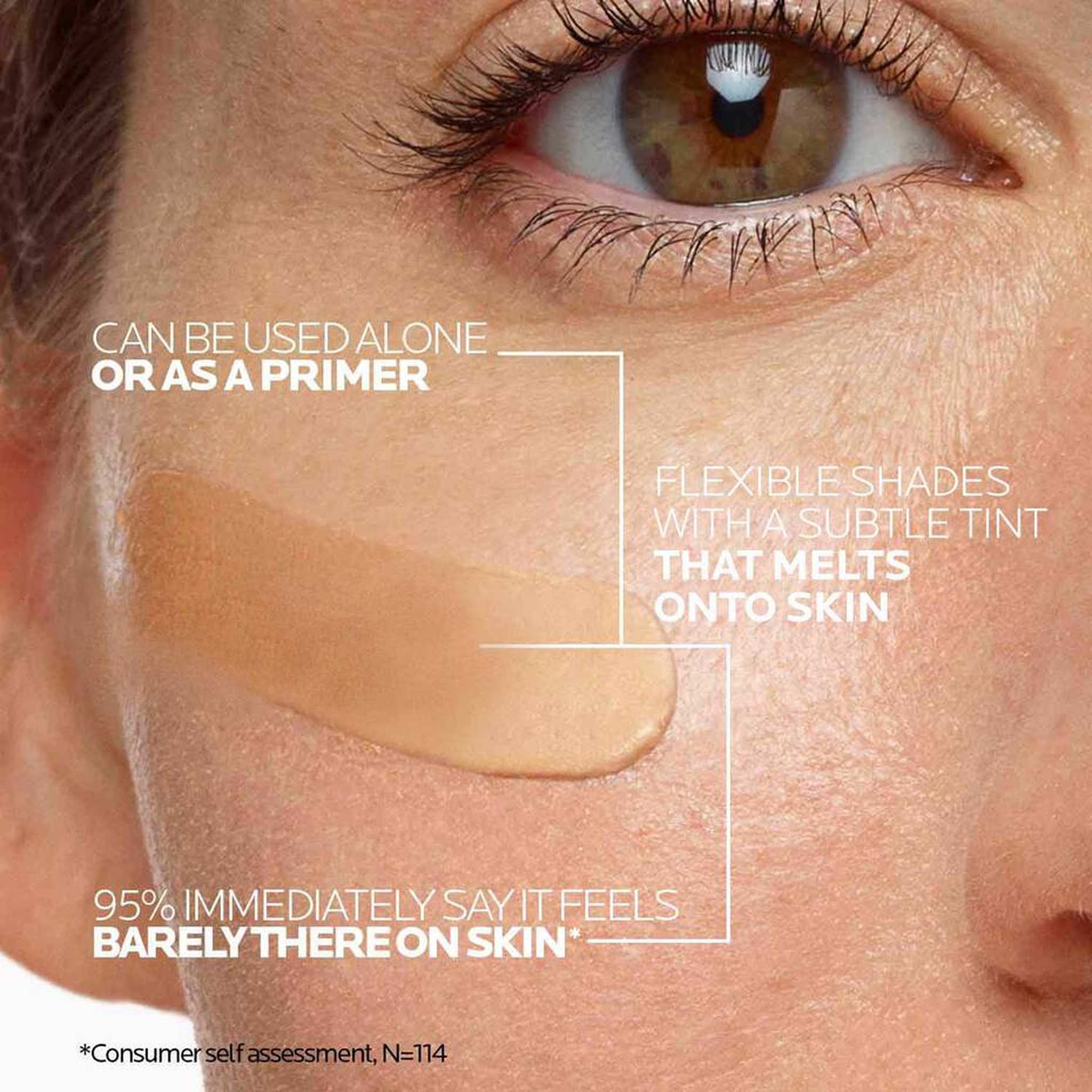 Anthelios Glow pearl shade sunscreen applied under eye as primer