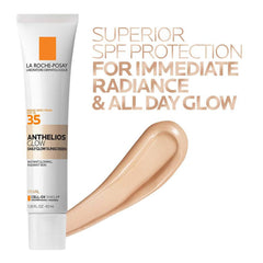 Anthelios Glow SPF 35 sunscreen tube with radiant glow cream swatch