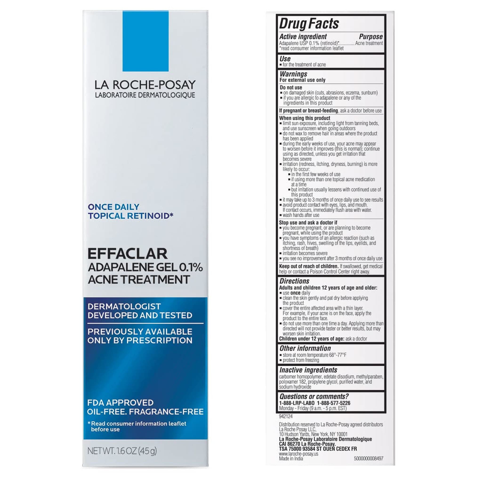 Effaclar Adapalene Gel box with drug facts label information