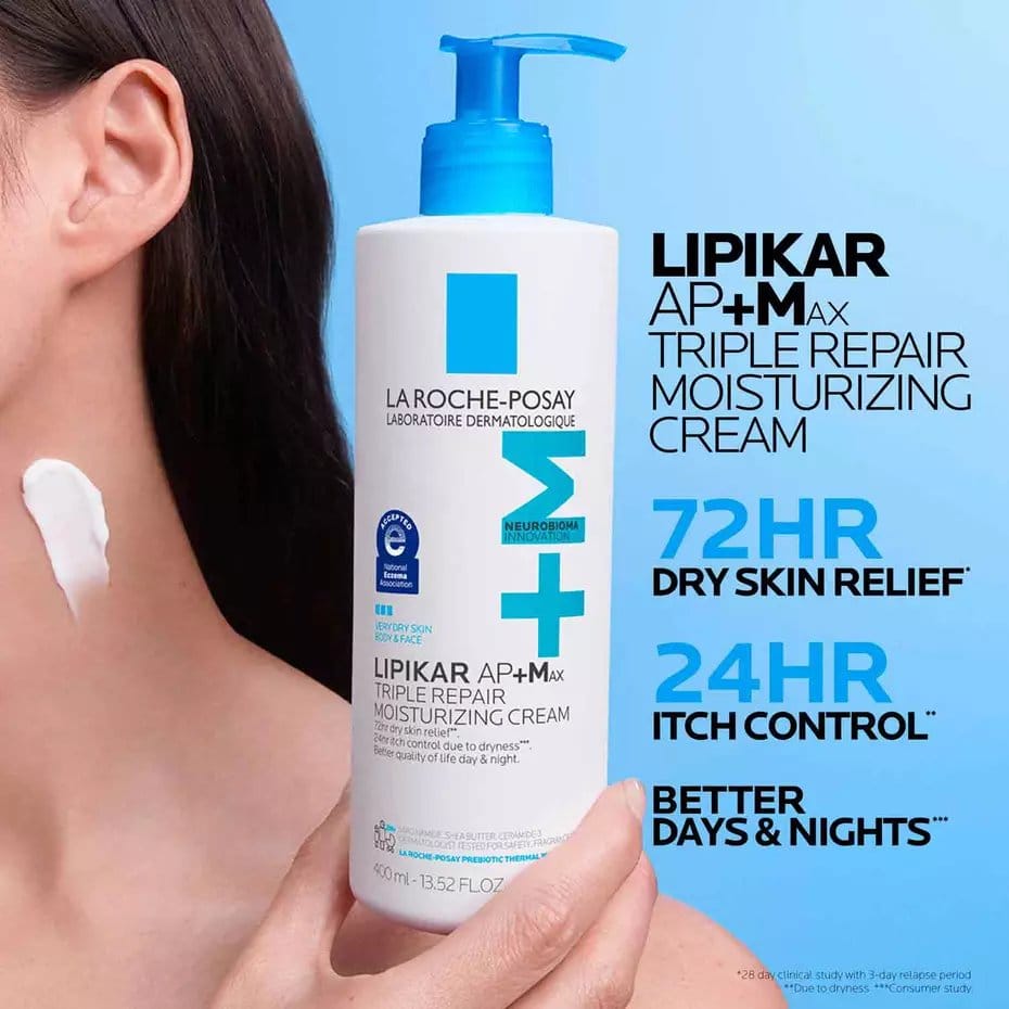 La Roche-Posay Lipikar AP+M cream applied to neck skin for 72 hour dry skin relief
