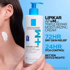 La Roche-Posay Lipikar AP+M cream applied to neck skin for 72 hour dry skin relief