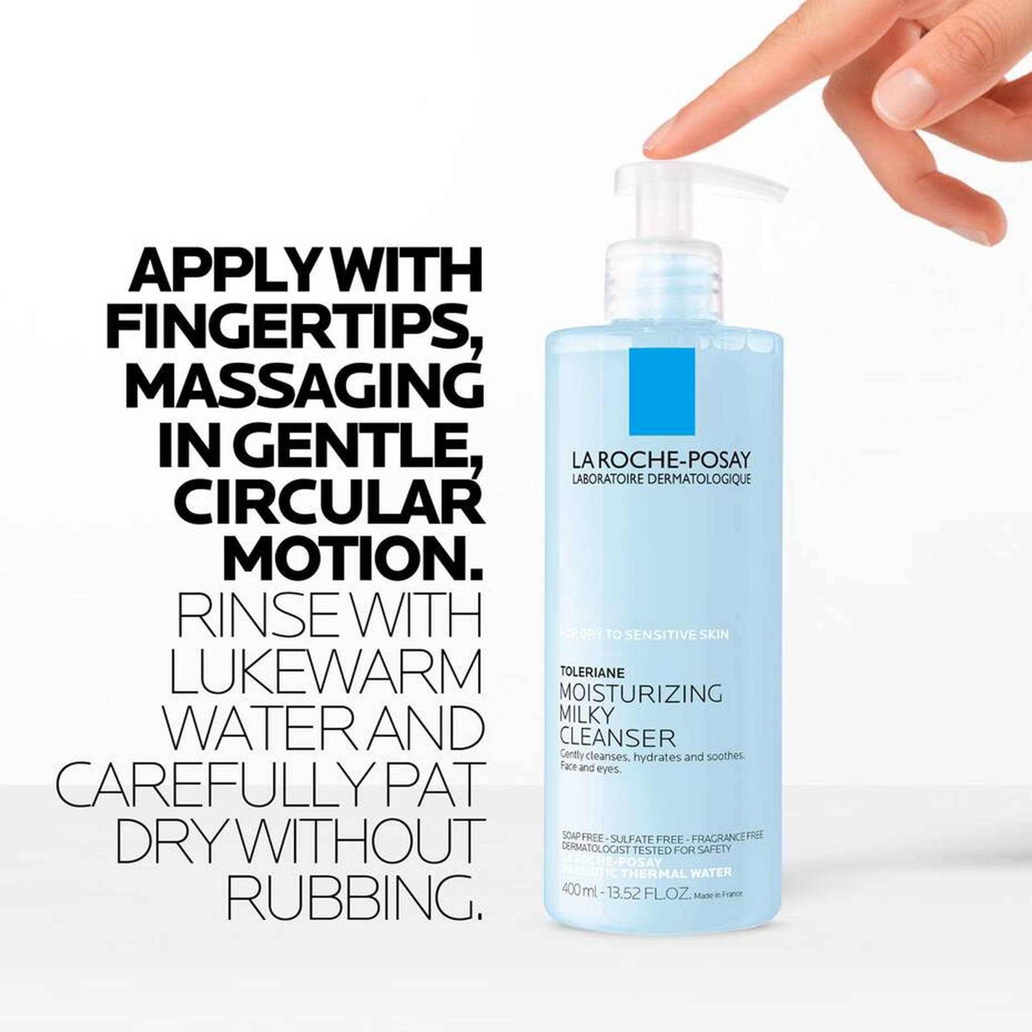 Applying Toleriane Milky Cleanser with fingertips in circular motion