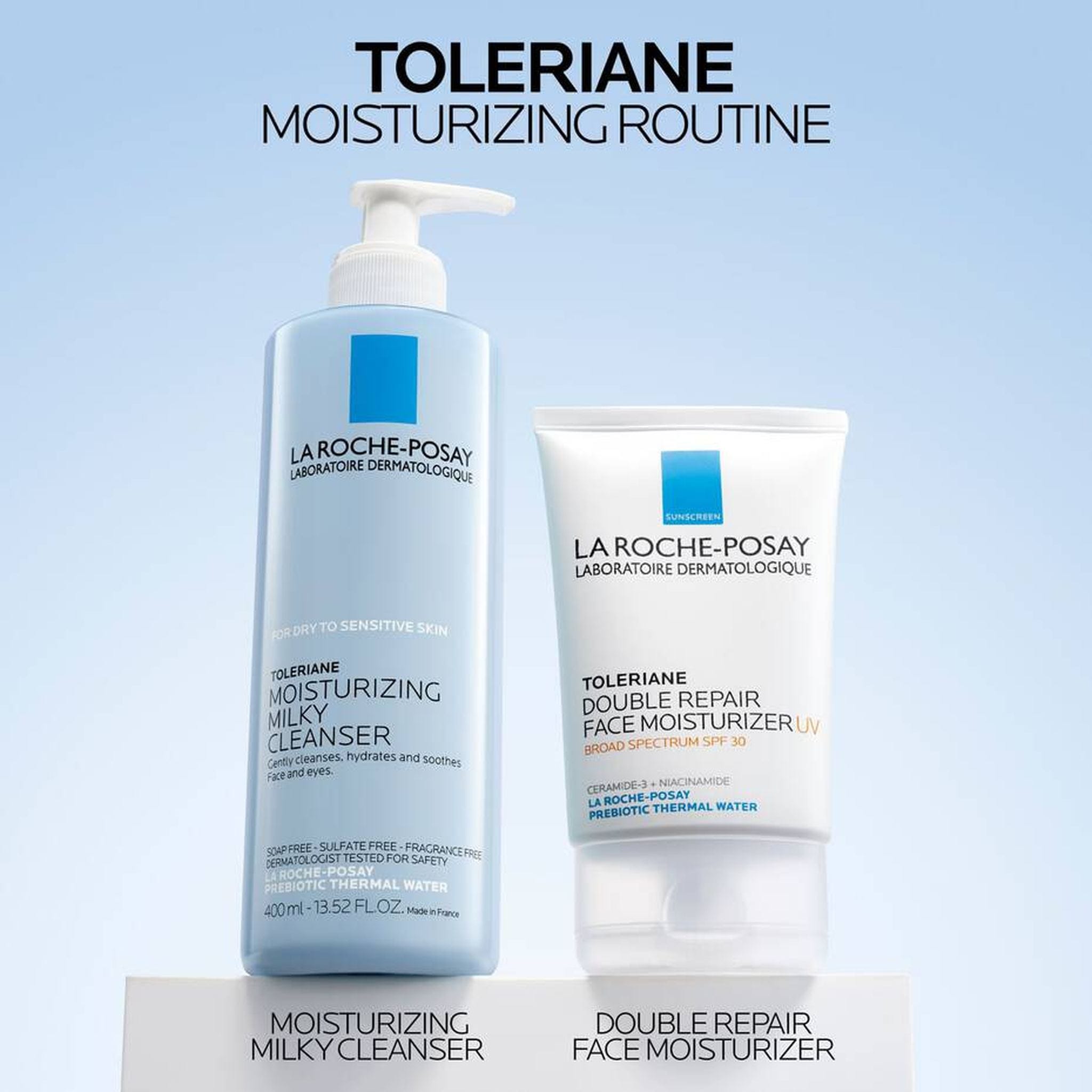 Toleriane moisturizing routine with milky cleanser and double repair moisturizer