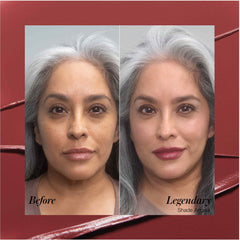 Before and after comparison of model wearing Legendary Serum Lipstick in Angela 3