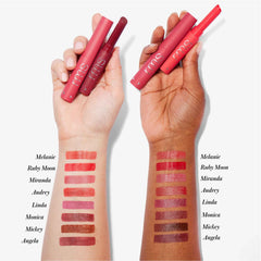Eight Legendary Serum Lipstick shades swatched on two arms with shade labels 5