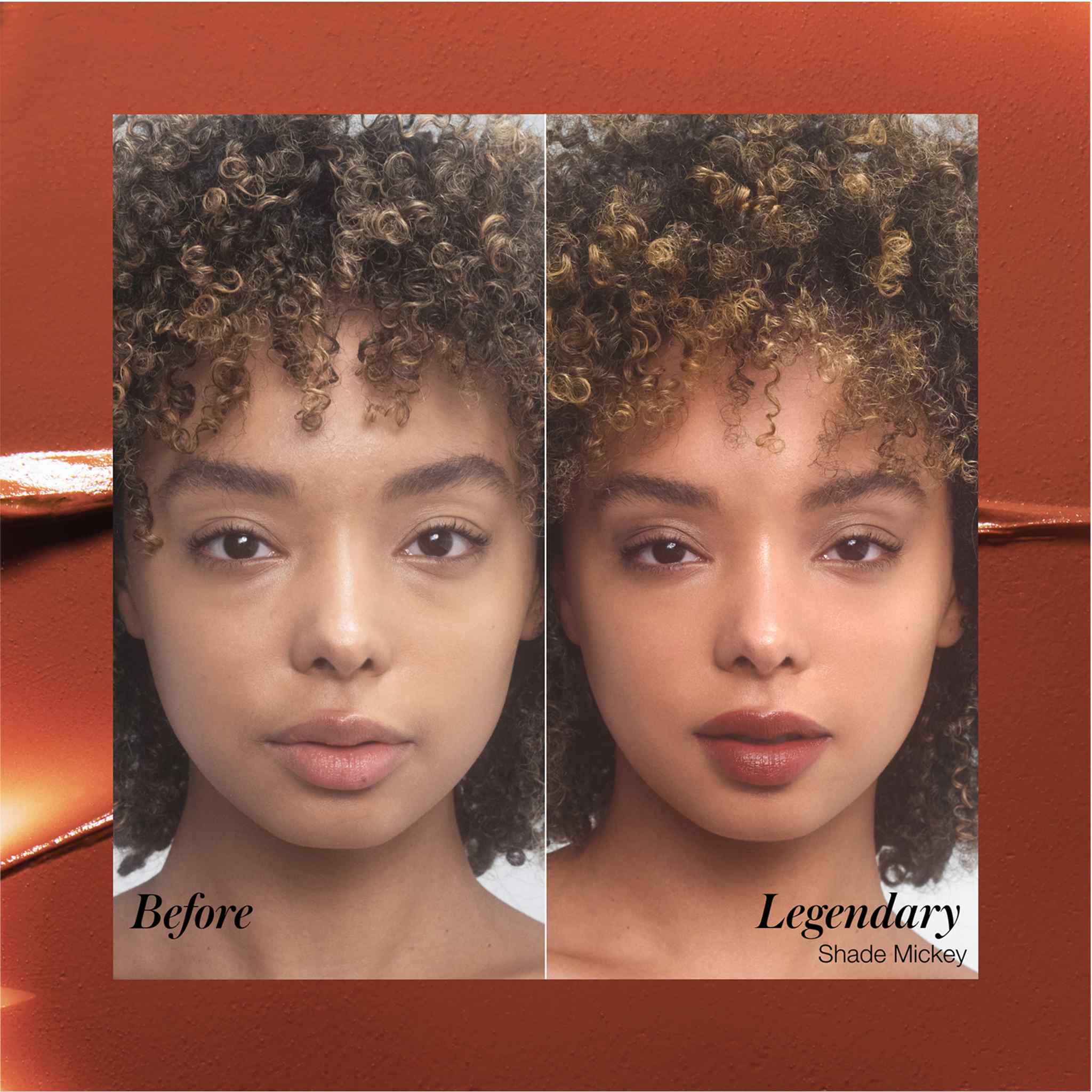 Before and after comparison of model wearing Legendary Serum Lipstick in Mickey 3