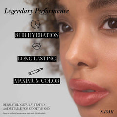 Close up of model wearing Legendary Serum Lipstick in Naomi with performance claims 7