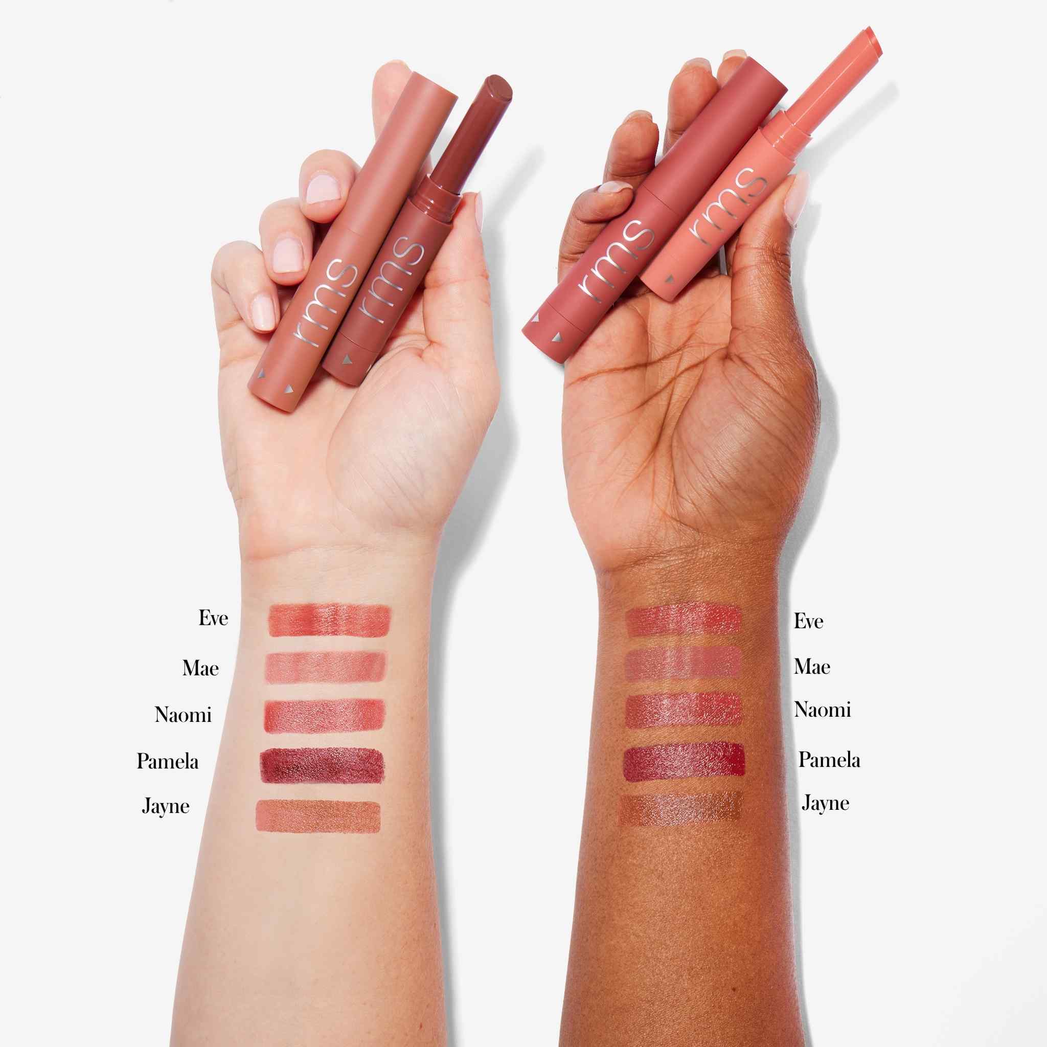 Legendary nude lipstick swatches on two arms labeled Eve Mae Naomi Pamela and Jayne 5