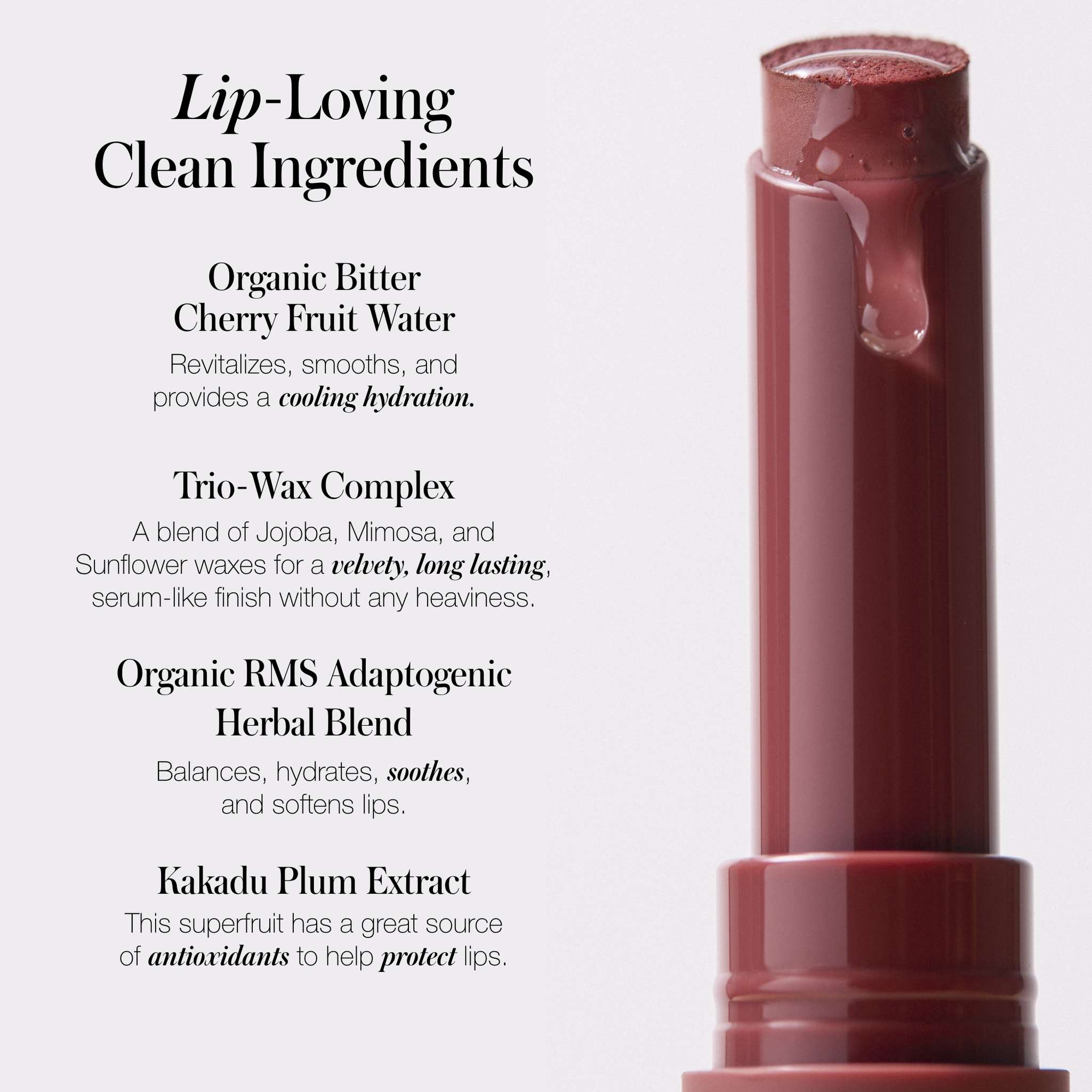 Legendary Serum Lipstick ingredient callout with cherry water and kakadu plum extract 6