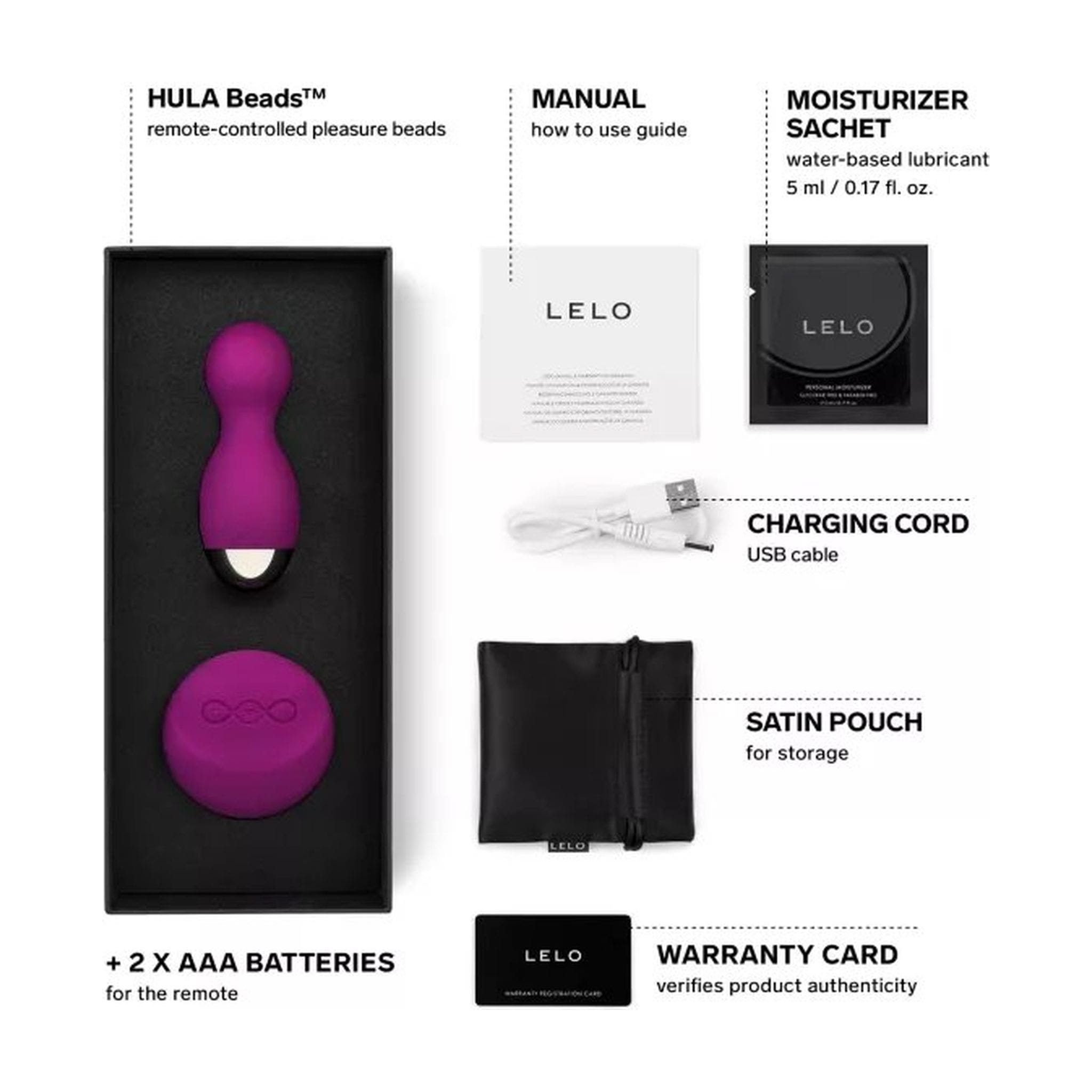 LELO Hula Beads deep rose complete set with remote USB charging cord satin pouch moisturizer sachet manual and warranty card
