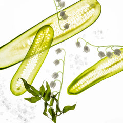 Woman in a metallic silver jacket holding Touchland Gentle Mist Lily of the Valley hand sanitizer to her brow