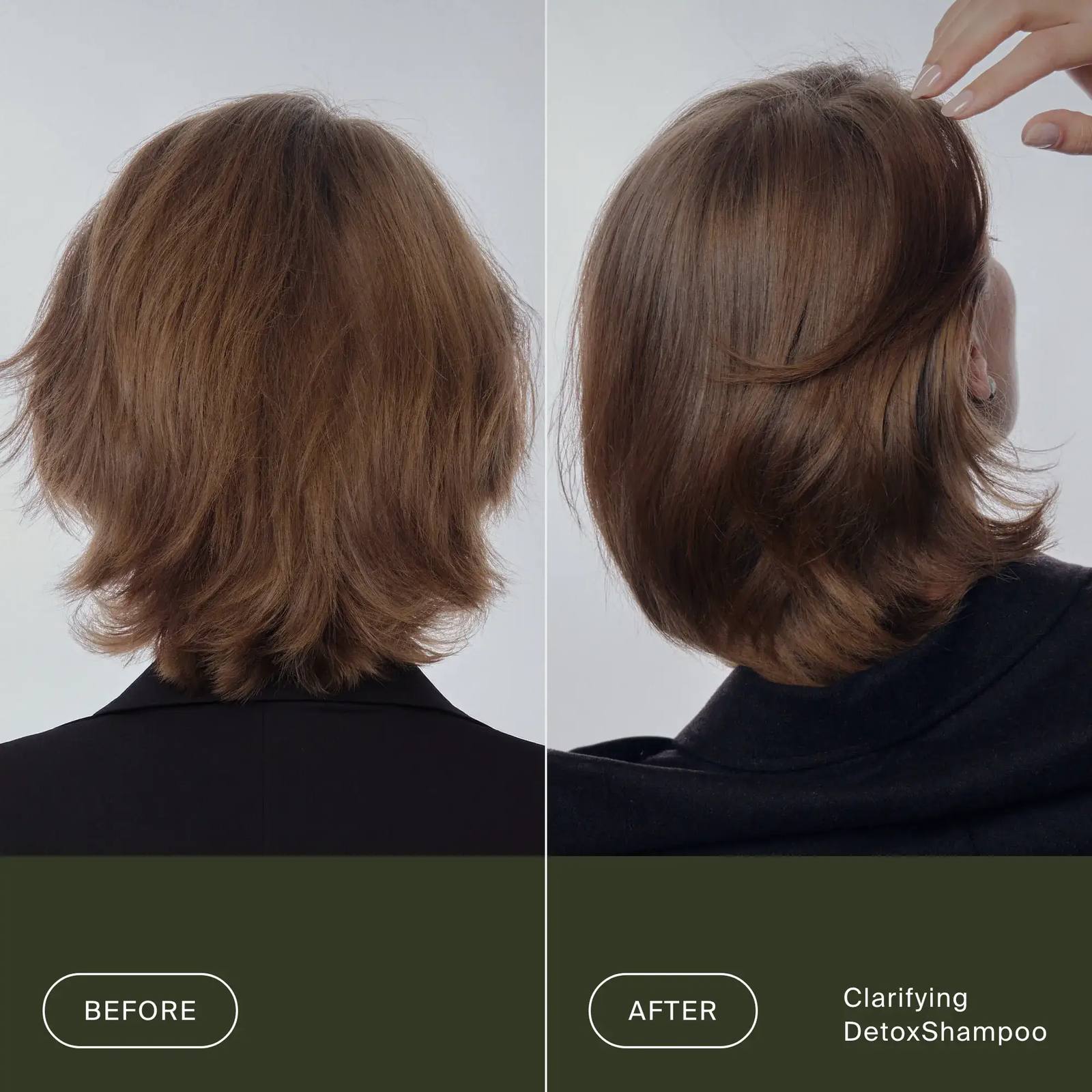 Before and after Living Proof Clarifying Detox Shampoo leaving short brown hair shinier and smoother