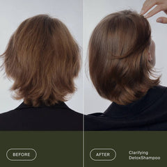 Before and after Living Proof Clarifying Detox Shampoo leaving short brown hair shinier and smoother